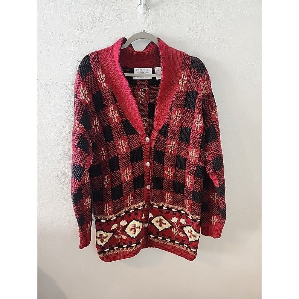 Portraits by Northern Isles hand Knit Checkered Soutwest Aztec Floral Sweater M